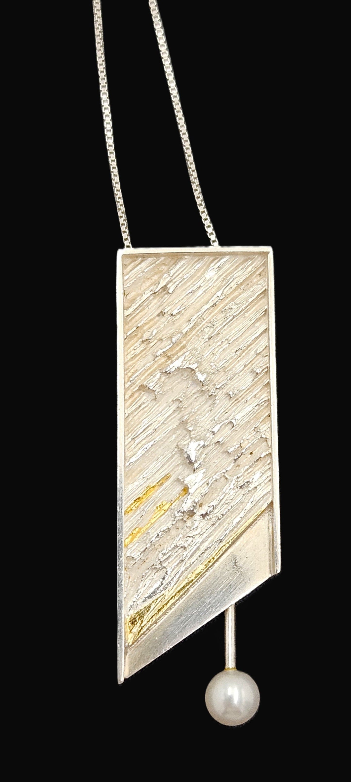 Artisan Sterling Necklace Jewelry Sterling & Gold and Pearl Abstract Modernist Pendant Necklace Signed