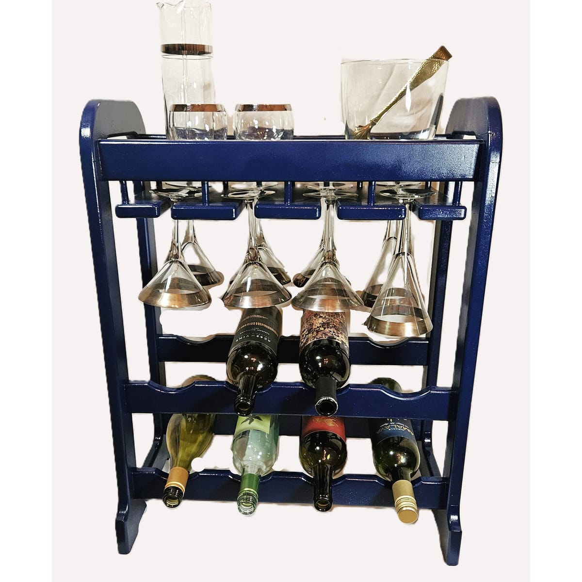 Artisan Wood Wine Rack Bar Cart Barware Artisan Made Solid Wood Navy Blue Wine &amp; Glass Rack Bar Cart Stand C. 1960s