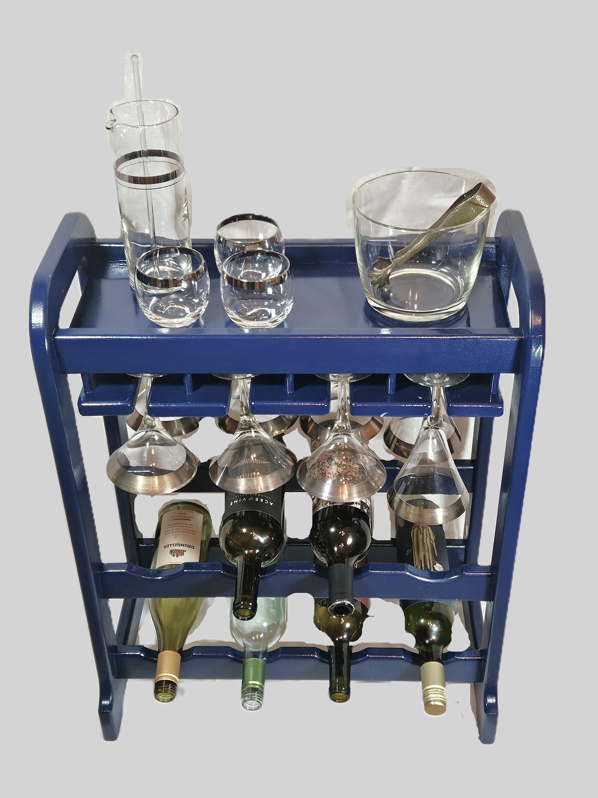 Artisan Wood Wine Rack Bar Cart Barware Artisan Made Solid Wood Navy Blue Wine & Glass Rack Bar Cart Stand C. 1960s