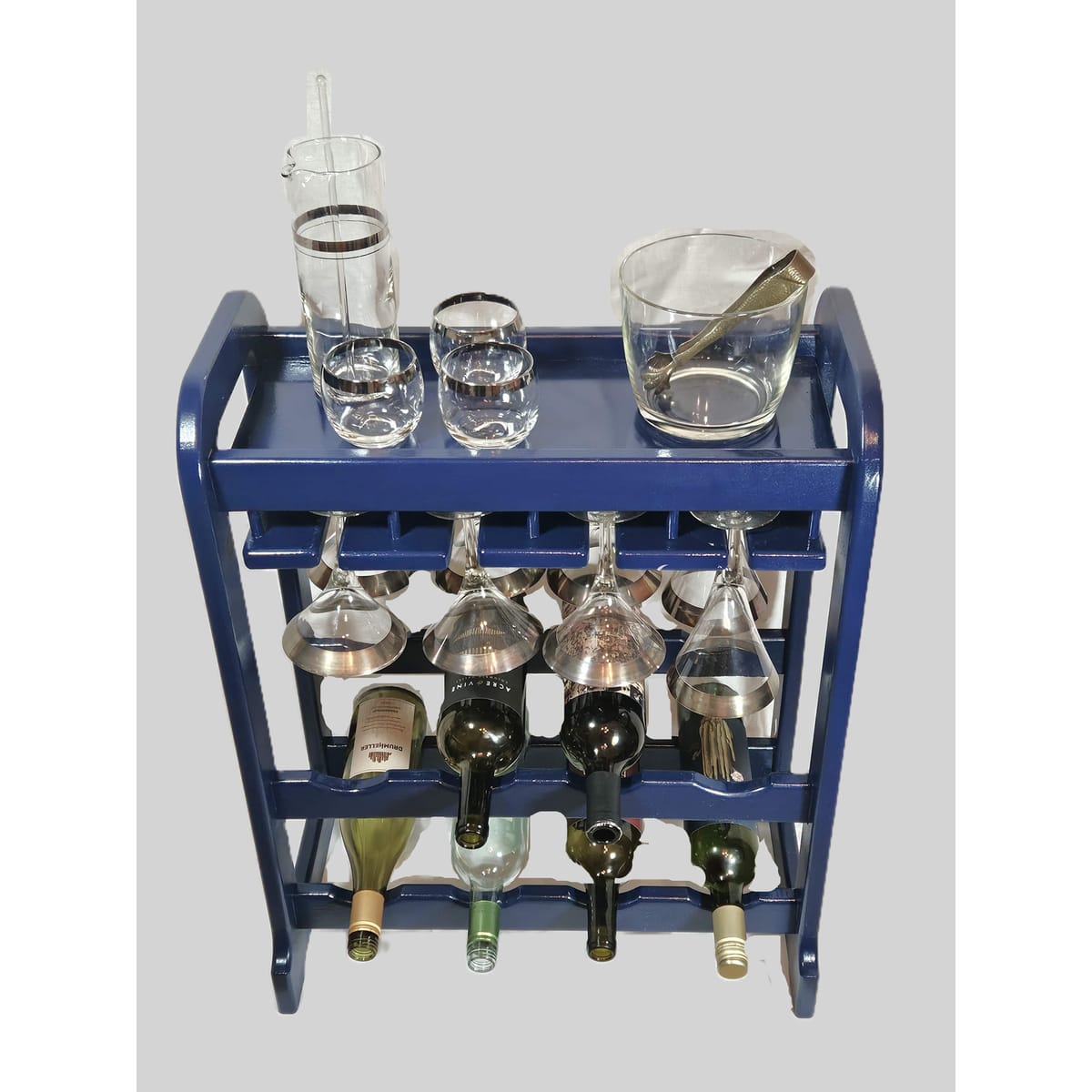 Artisan Wood Wine Rack Bar Cart Barware Artisan Made Solid Wood Navy Blue Wine &amp; Glass Rack Bar Cart Stand C. 1960s