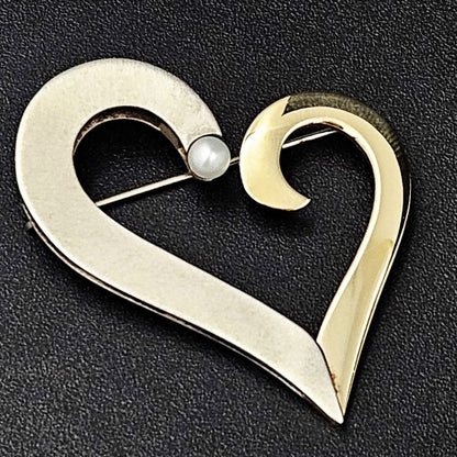 B Levy Jewelry Superb Artisan Signed B Levy Sterling 14k Gold &amp; Pearl Modernist Heart Brooch