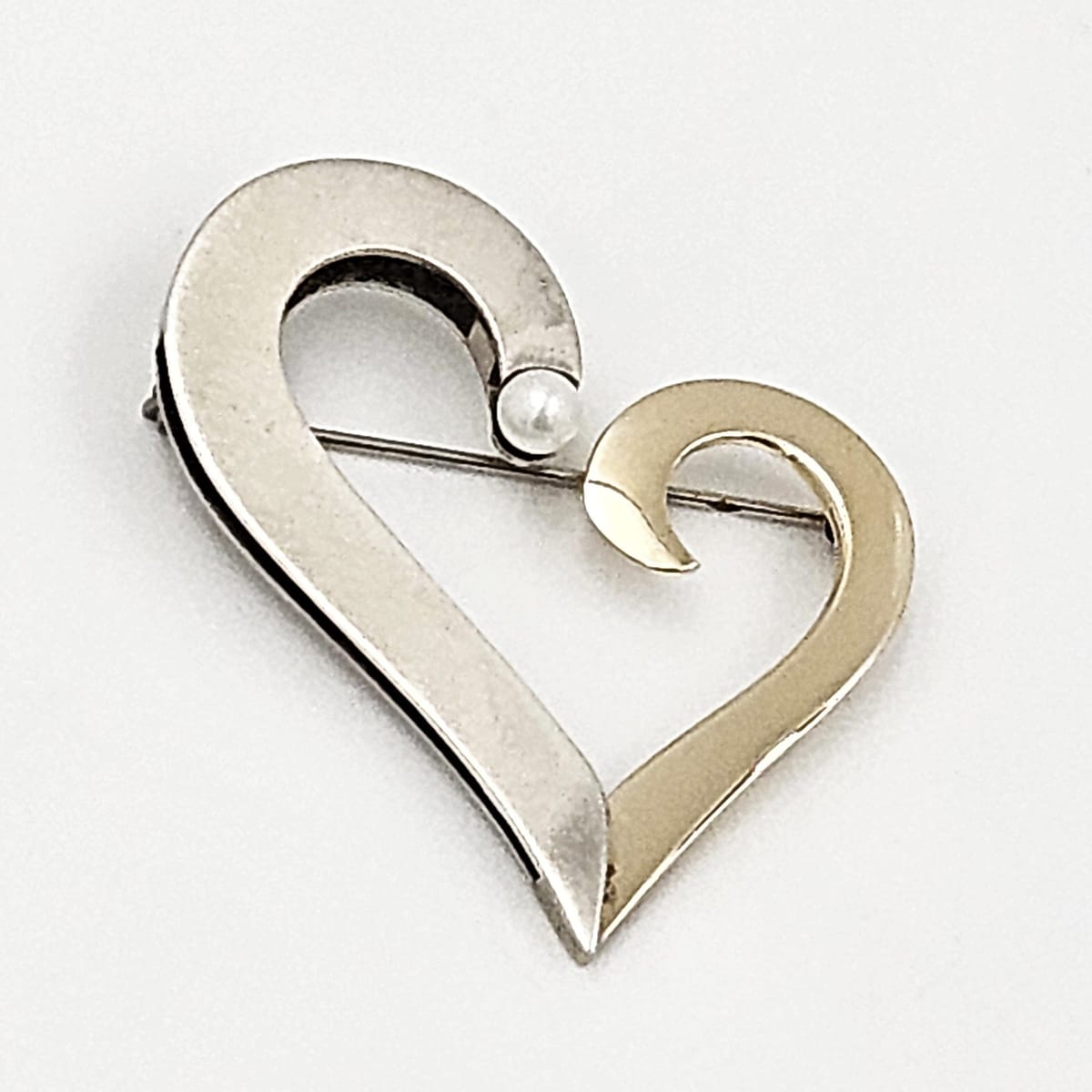 B Levy Jewelry Superb Artisan Signed B Levy Sterling 14k Gold &amp; Pearl Modernist Heart Brooch