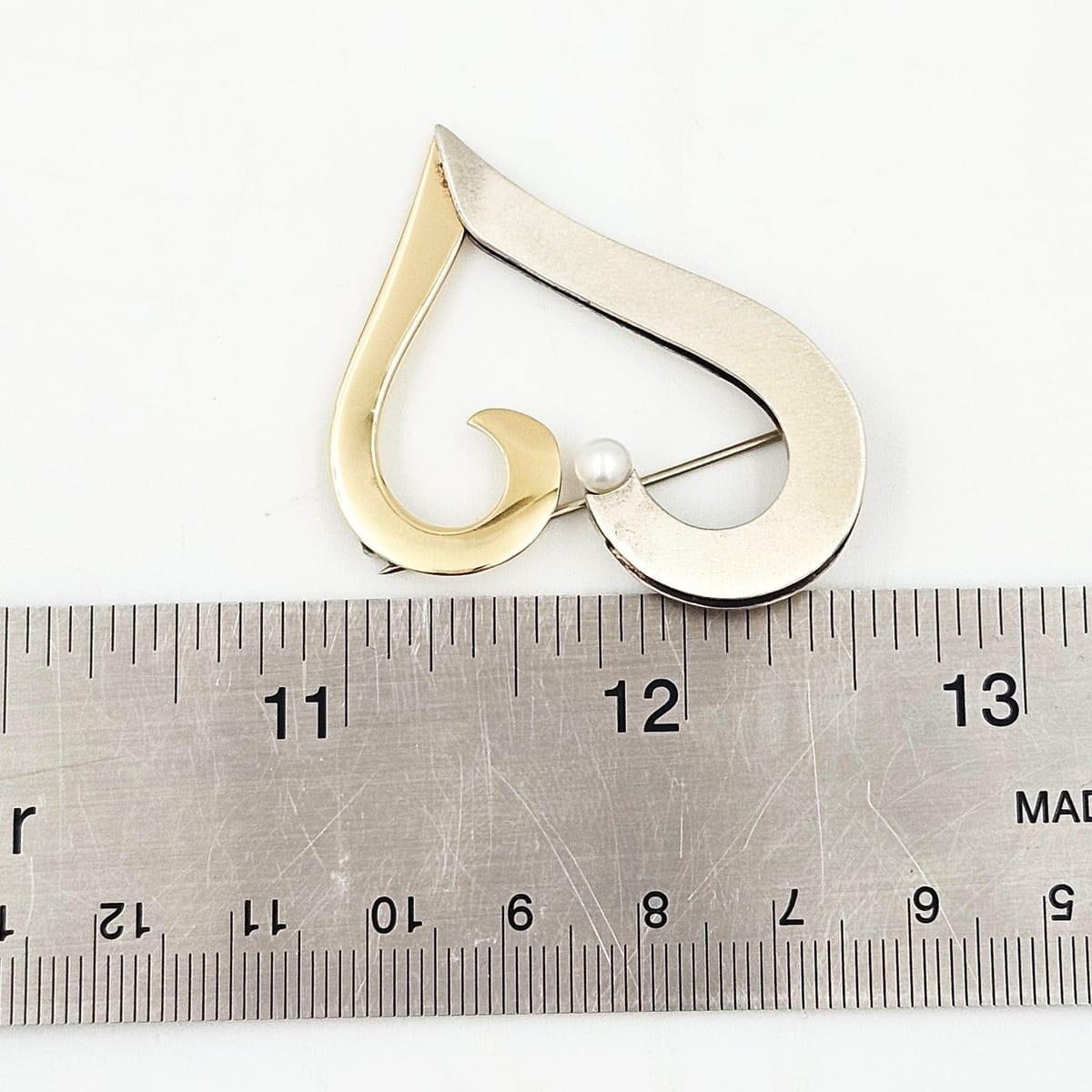B Levy Jewelry Superb Artisan Signed B Levy Sterling 14k Gold &amp; Pearl Modernist Heart Brooch