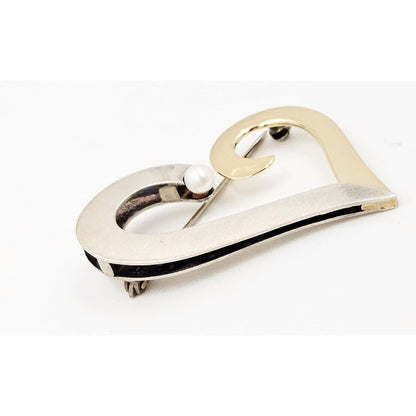 B Levy Jewelry Superb Artisan Signed B Levy Sterling 14k Gold &amp; Pearl Modernist Heart Brooch
