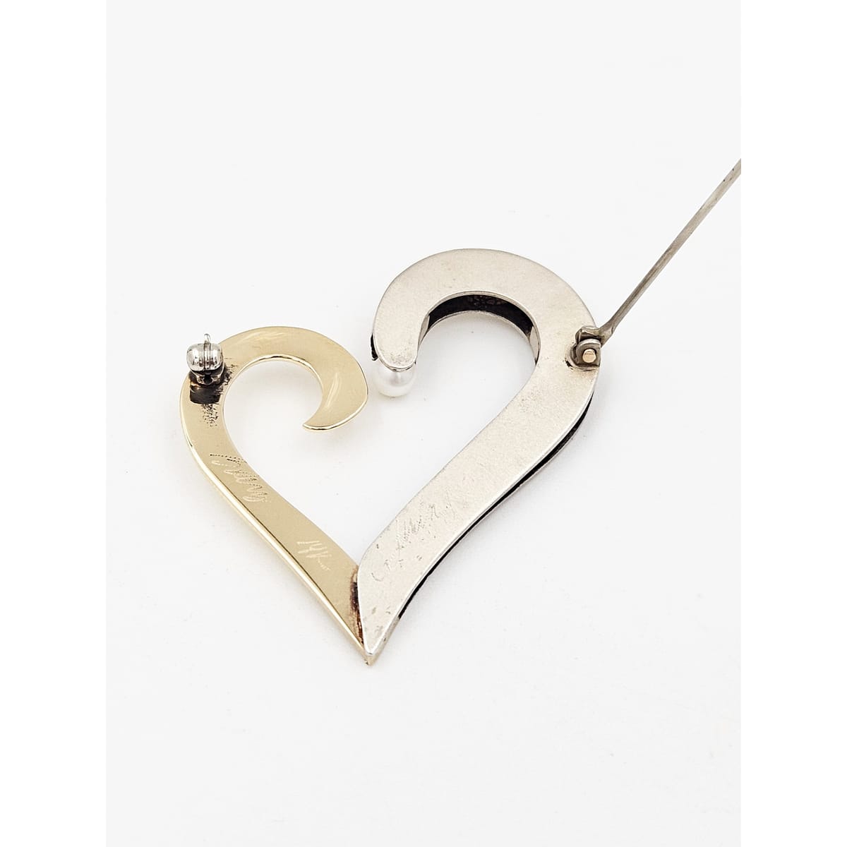 B Levy Jewelry Superb Artisan Signed B Levy Sterling 14k Gold &amp; Pearl Modernist Heart Brooch