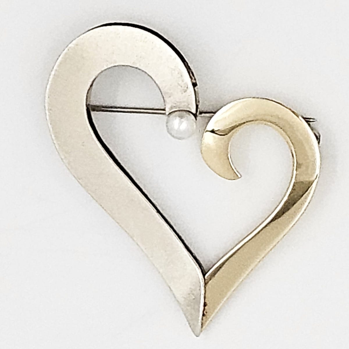 B Levy Jewelry Superb Artisan Signed B Levy Sterling 14k Gold &amp; Pearl Modernist Heart Brooch