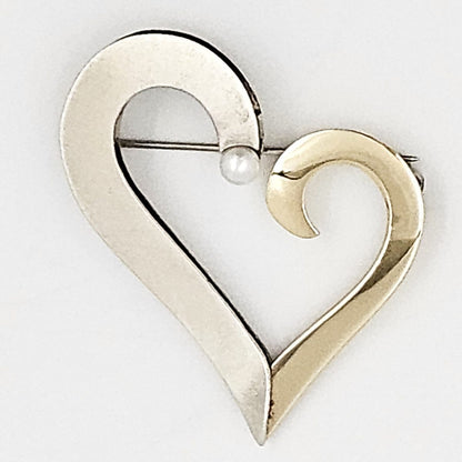 B Levy Jewelry Superb Artisan Signed B Levy Sterling 14k Gold &amp; Pearl Modernist Heart Brooch