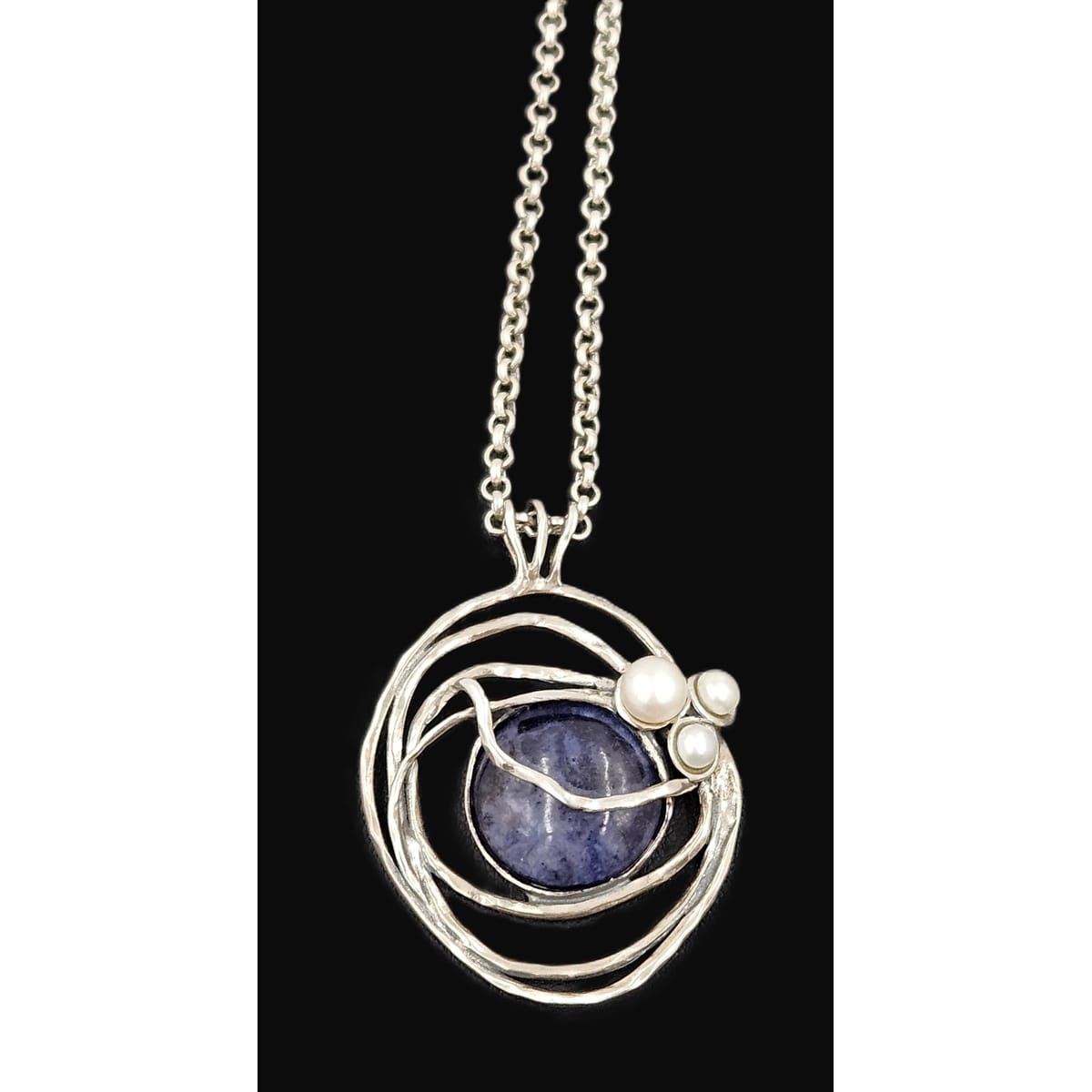B Sterling Jewelry Artisan Sterling Sodalite &amp; Pearl Abstract Modernist Pendant Necklace C. 1980s