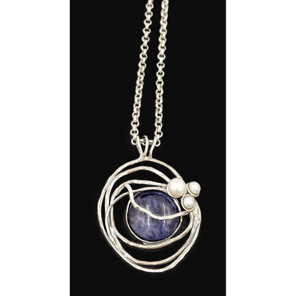 B Sterling Jewelry Artisan Sterling Sodalite &amp; Pearl Abstract Modernist Pendant Necklace C. 1980s