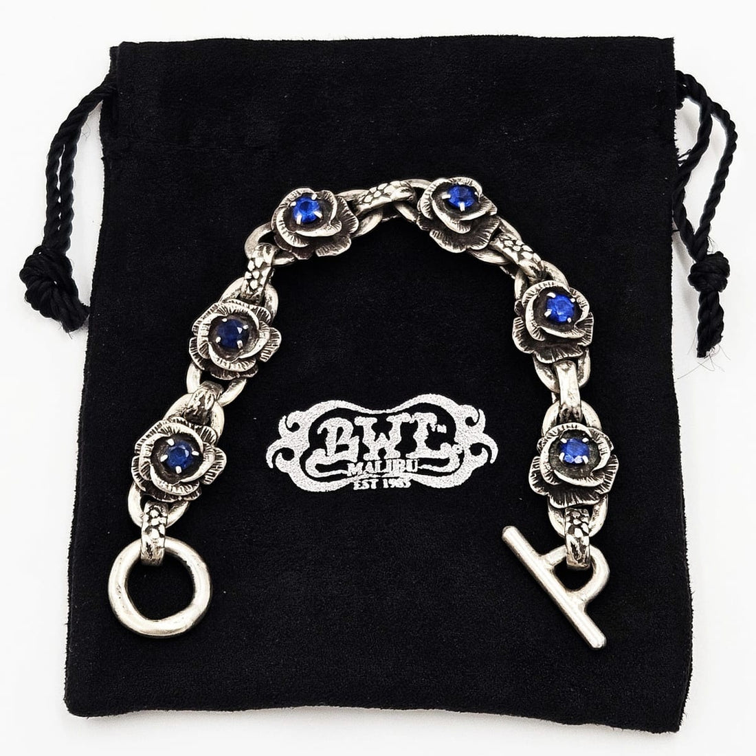 Bill Wall Leather Jewelry Superb Designer Bill Wall Sterling + Sapphire Hefty Flower Panel Link Bracelet