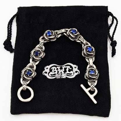 Bill Wall Leather Jewelry Superb Designer Bill Wall Sterling + Sapphire Hefty Flower Panel Link Bracelet