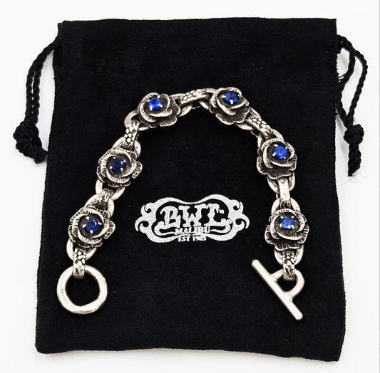 Bill Wall Leather Jewelry Superb Designer Bill Wall Sterling + Sapphire Hefty Flower Panel Link Bracelet