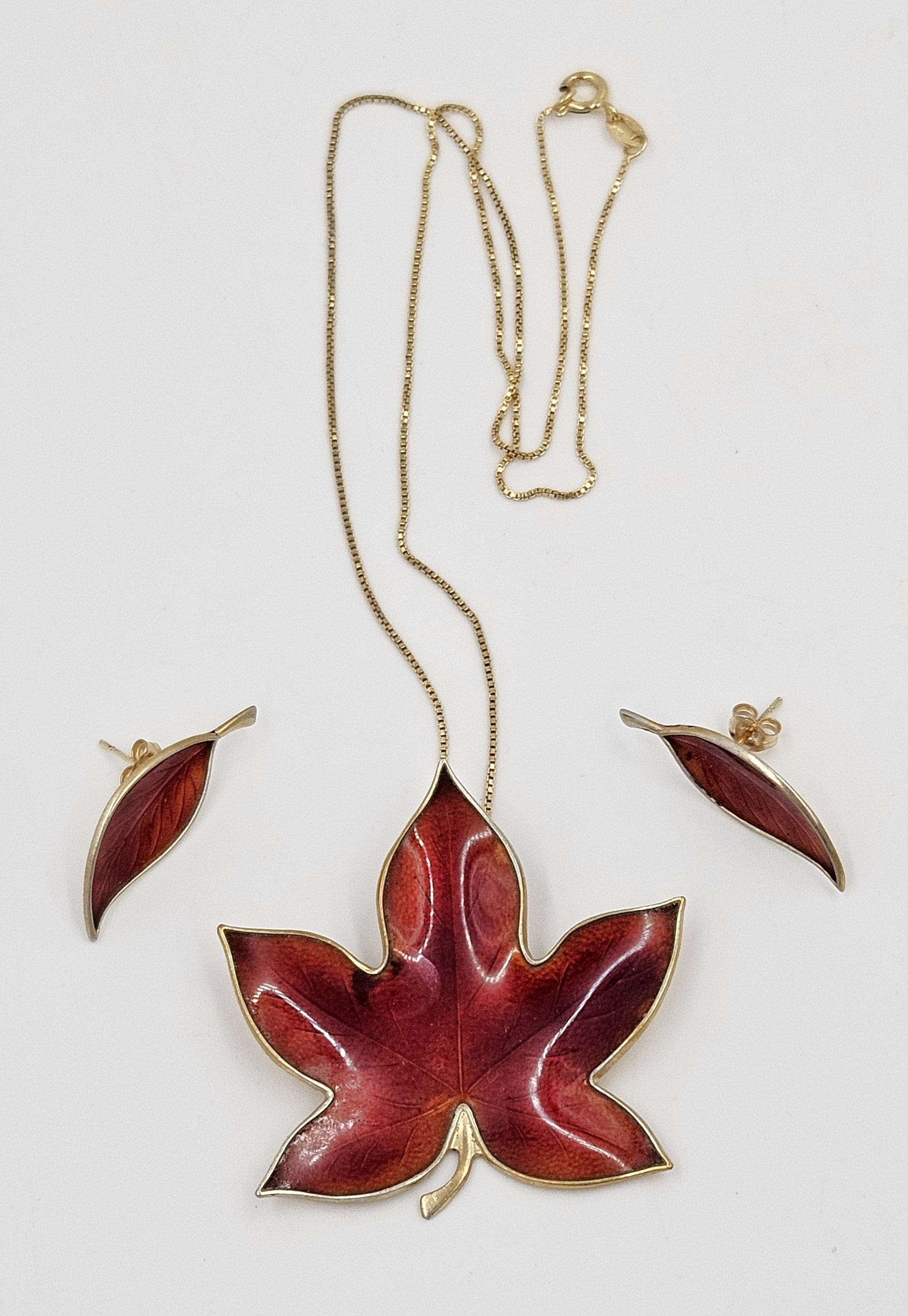 Bjorklund Jewelry Rare Bjorklund Denmark Sterling Enamel Leaf Necklace + Earrings Set 1960s