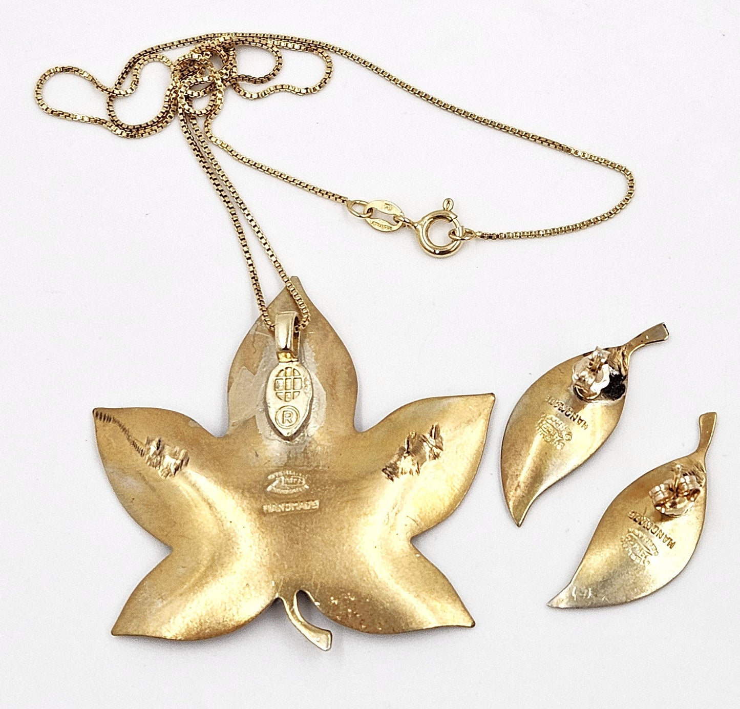 Bjorklund Jewelry Rare Bjorklund Denmark Sterling Enamel Leaf Necklace + Earrings Set 1960s