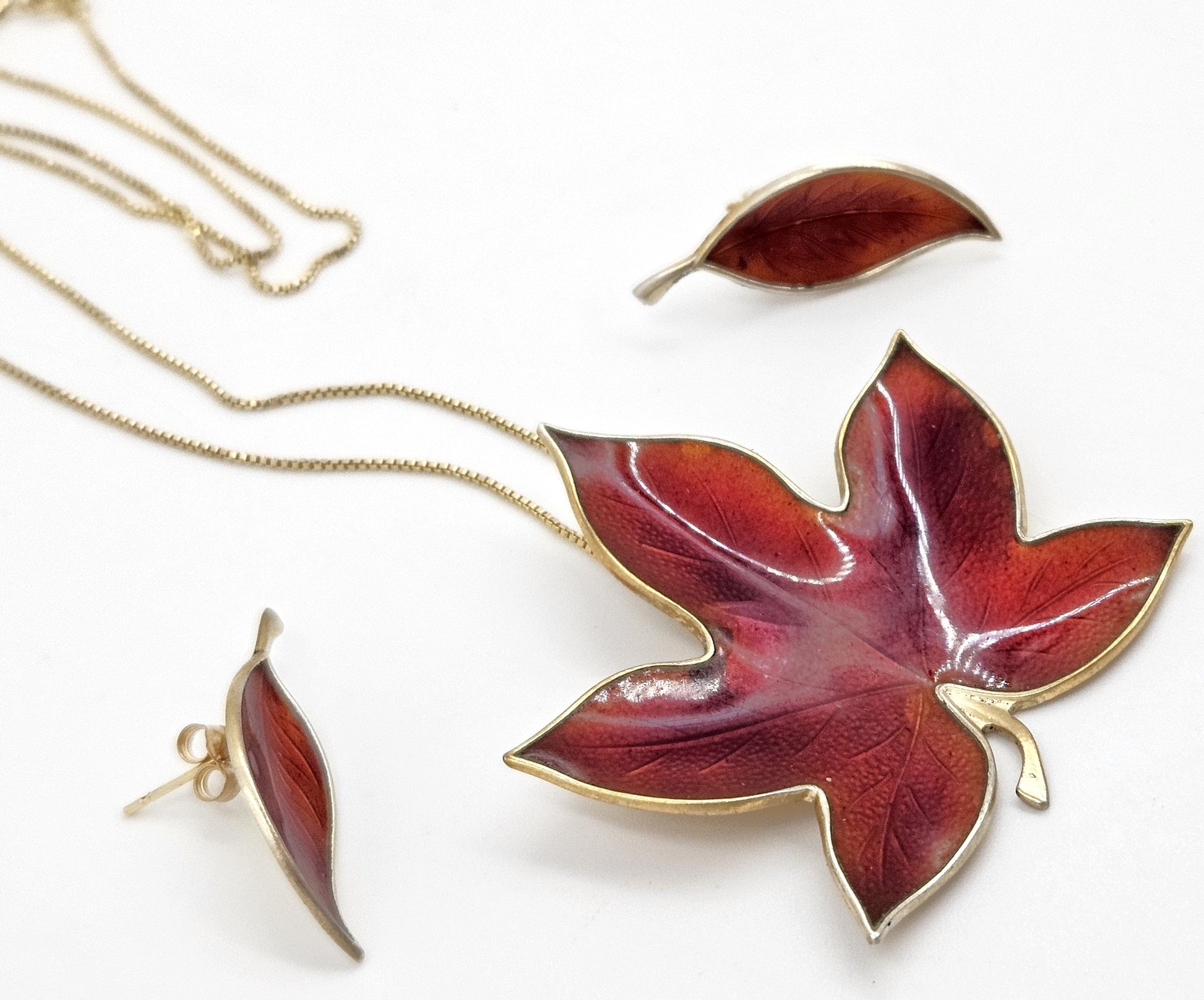 Bjorklund Jewelry Rare Bjorklund Denmark Sterling Enamel Leaf Necklace + Earrings Set 1960s