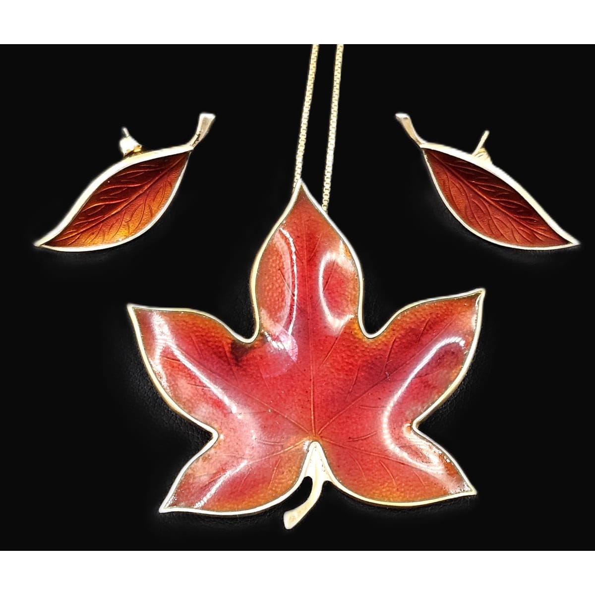 Bjorklund Jewelry Rare Bjorklund Denmark Sterling Enamel Leaf Necklace + Earrings Set 1960s
