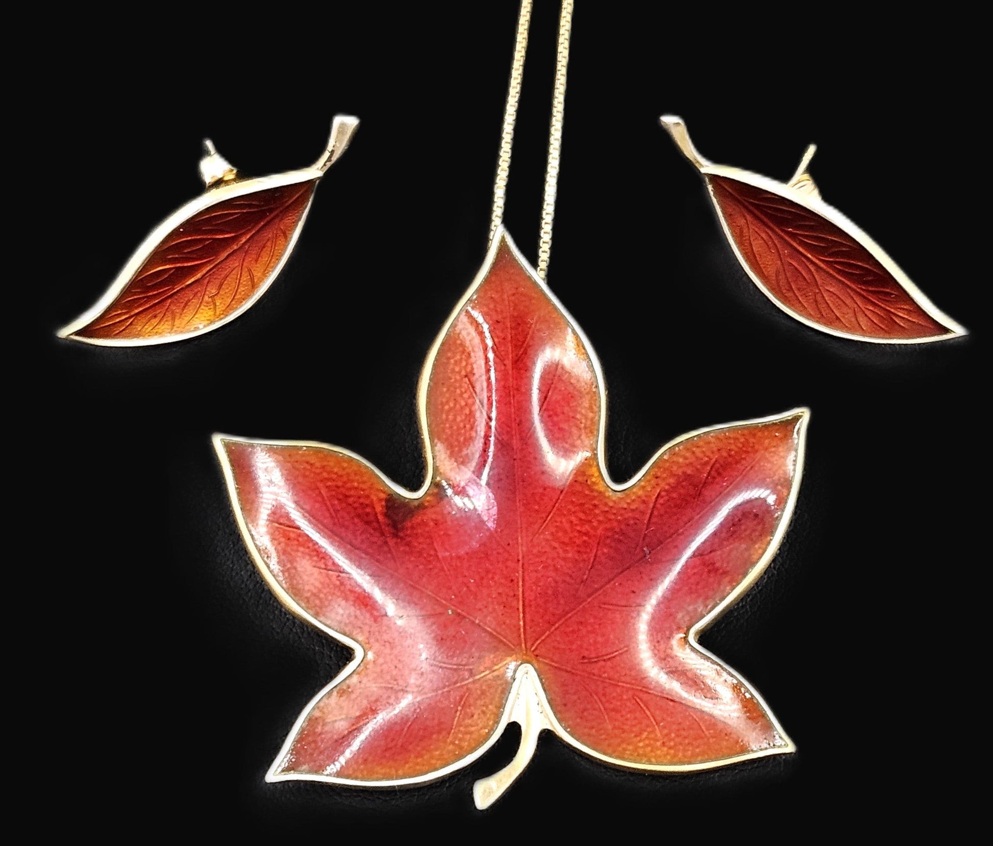 Bjorklund Jewelry Rare Bjorklund Denmark Sterling Enamel Leaf Necklace + Earrings Set 1960s