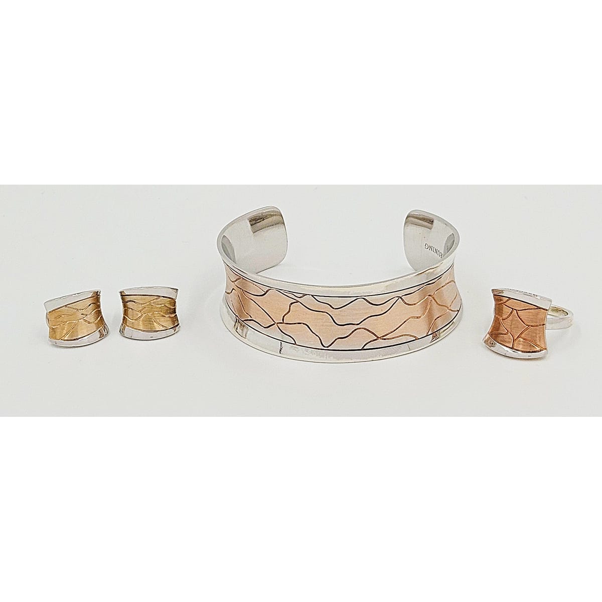 Breuning Jewelry Designer Breuning Sterling &amp; Rose Gold Modernist Bracelet Earrings Ring Set