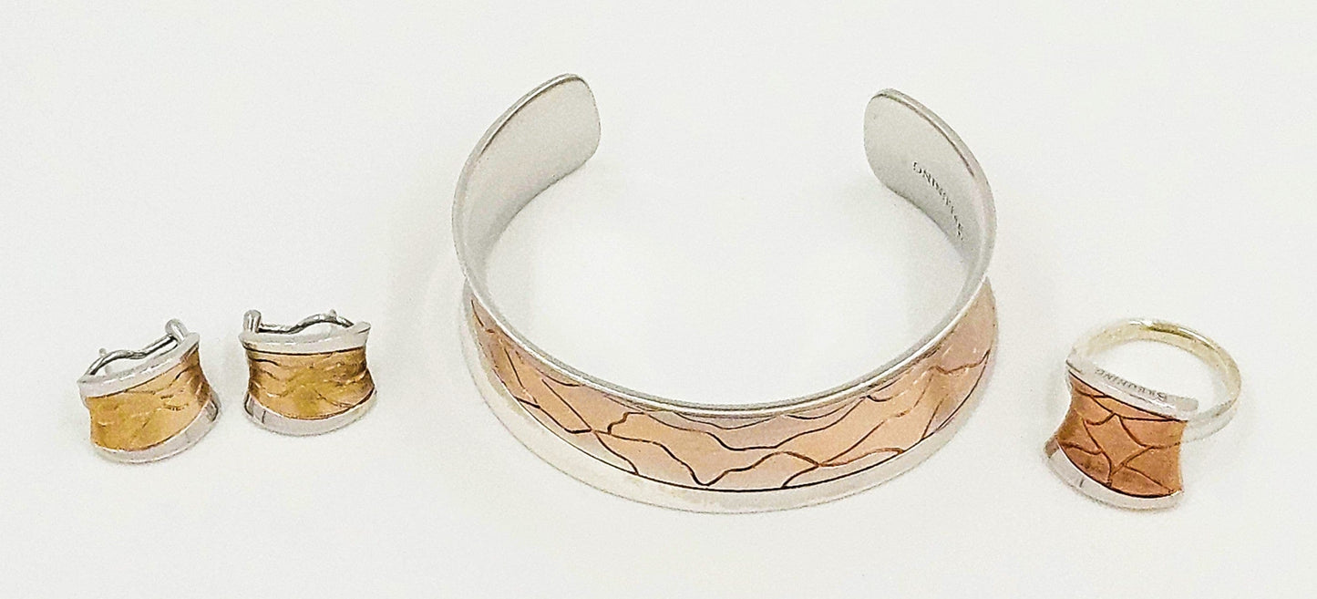 Breuning Jewelry Designer Breuning Sterling & Rose Gold Modernist Bracelet Earrings Ring Set