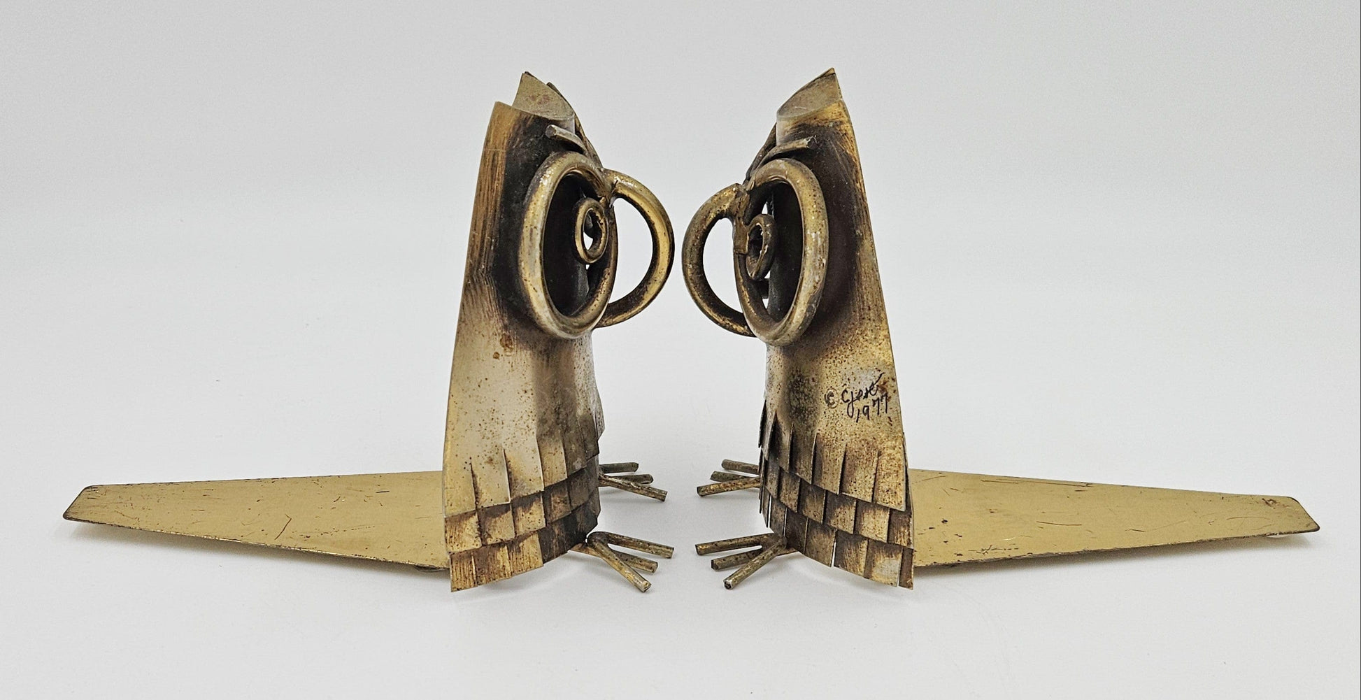 C Jere Bookends Designer Curtis Jere Brass Copper 3-D Owl Bookends Signed Dated 1977 RARE