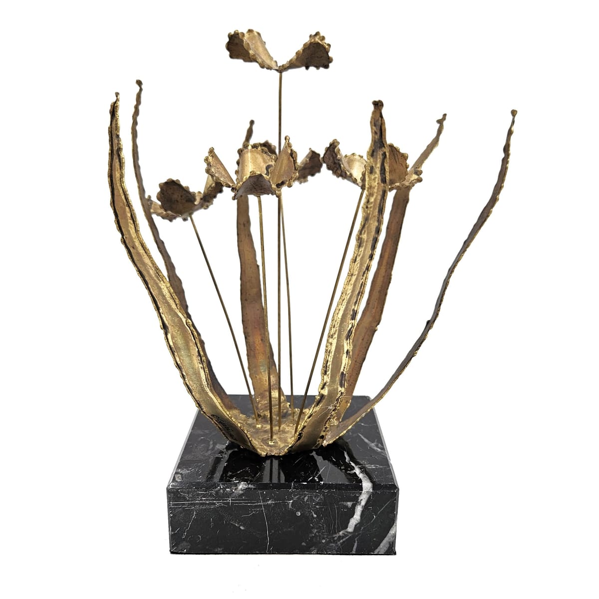 C Jere Sculpture C Jere Brutalist Torch Cut Brass Floriform Sculpture on Marble Base 1967