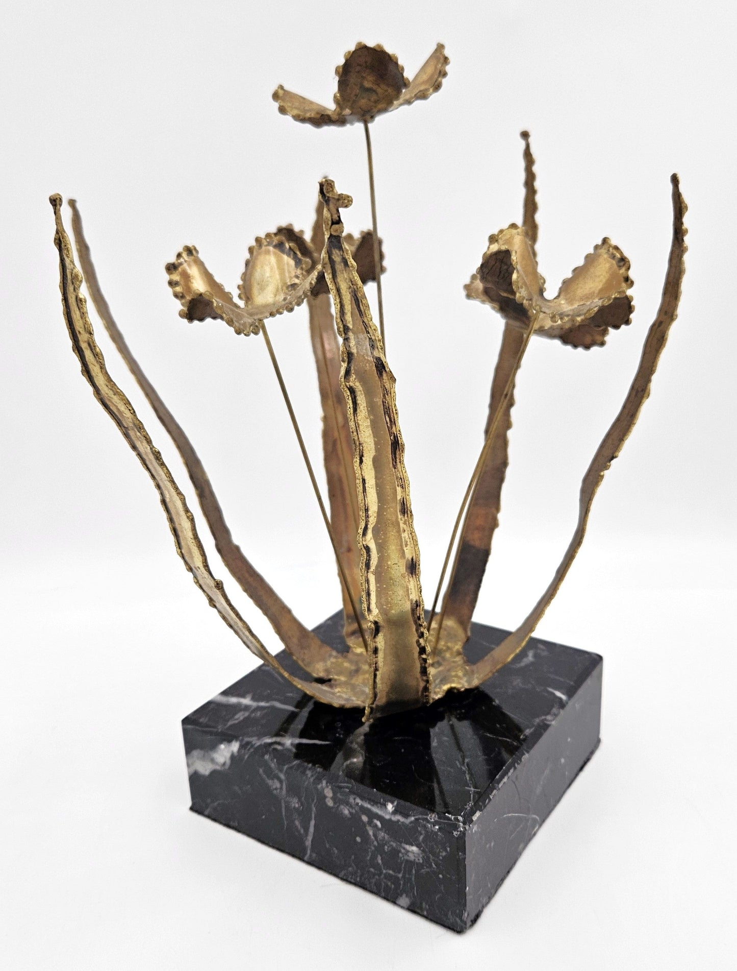 C Jere Sculpture C Jere Brutalist Torch Cut Brass Floriform Sculpture on Marble Base 1967