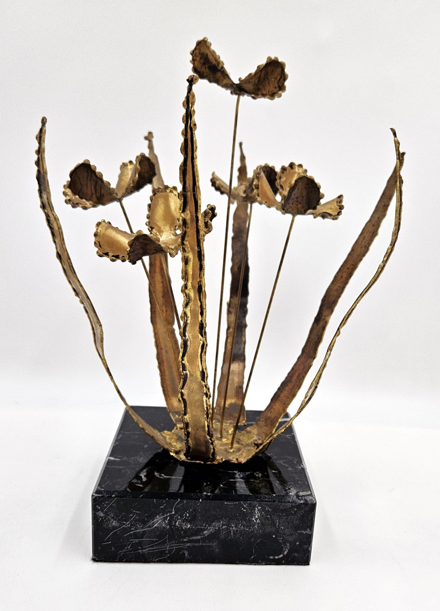 C Jere Sculpture C Jere Brutalist Torch Cut Brass Floriform Sculpture on Marble Base 1967