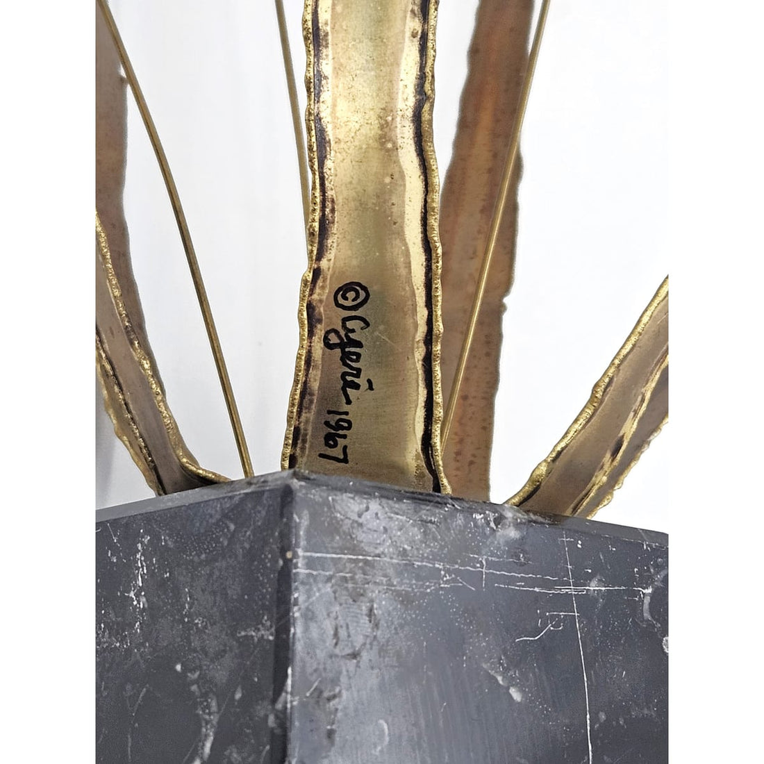 C Jere Sculpture C Jere Brutalist Torch Cut Brass Floriform Sculpture on Marble Base 1967
