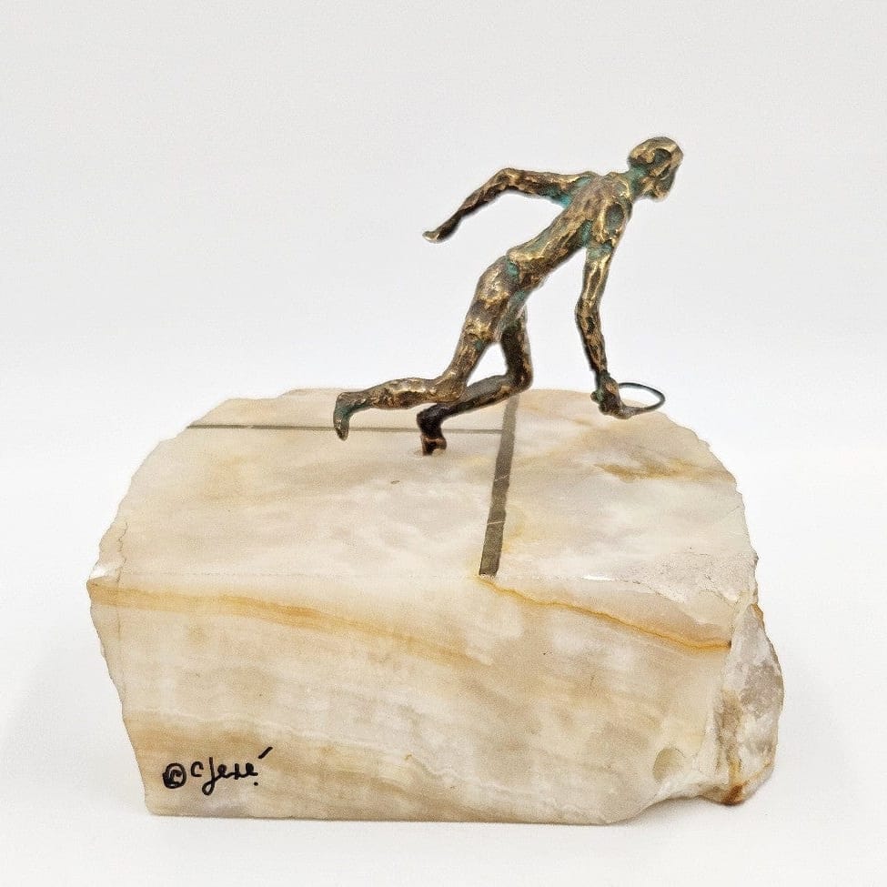 C Jere Sculpture Designer Curtis Jere Bronze Stone Tennis Pickle Ball Player Sculpture 1972