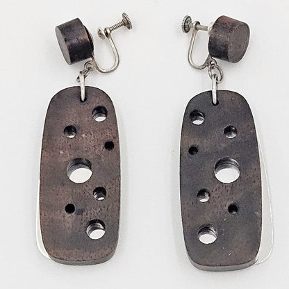 Cavagnaro Jewelry RARE Cavagnaro Sterling + Ebony Wood Abstract Mod XL 2-Part Earrings 1950s