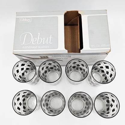 Cera Barware NOS Libbey Black Gold Argyle Glasses w/ Nima Oberoi Lunares Shaker Tray Set