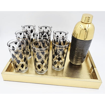 Cera Barware NOS Libbey Black Gold Argyle Glasses w/ Nima Oberoi Lunares Shaker Tray Set