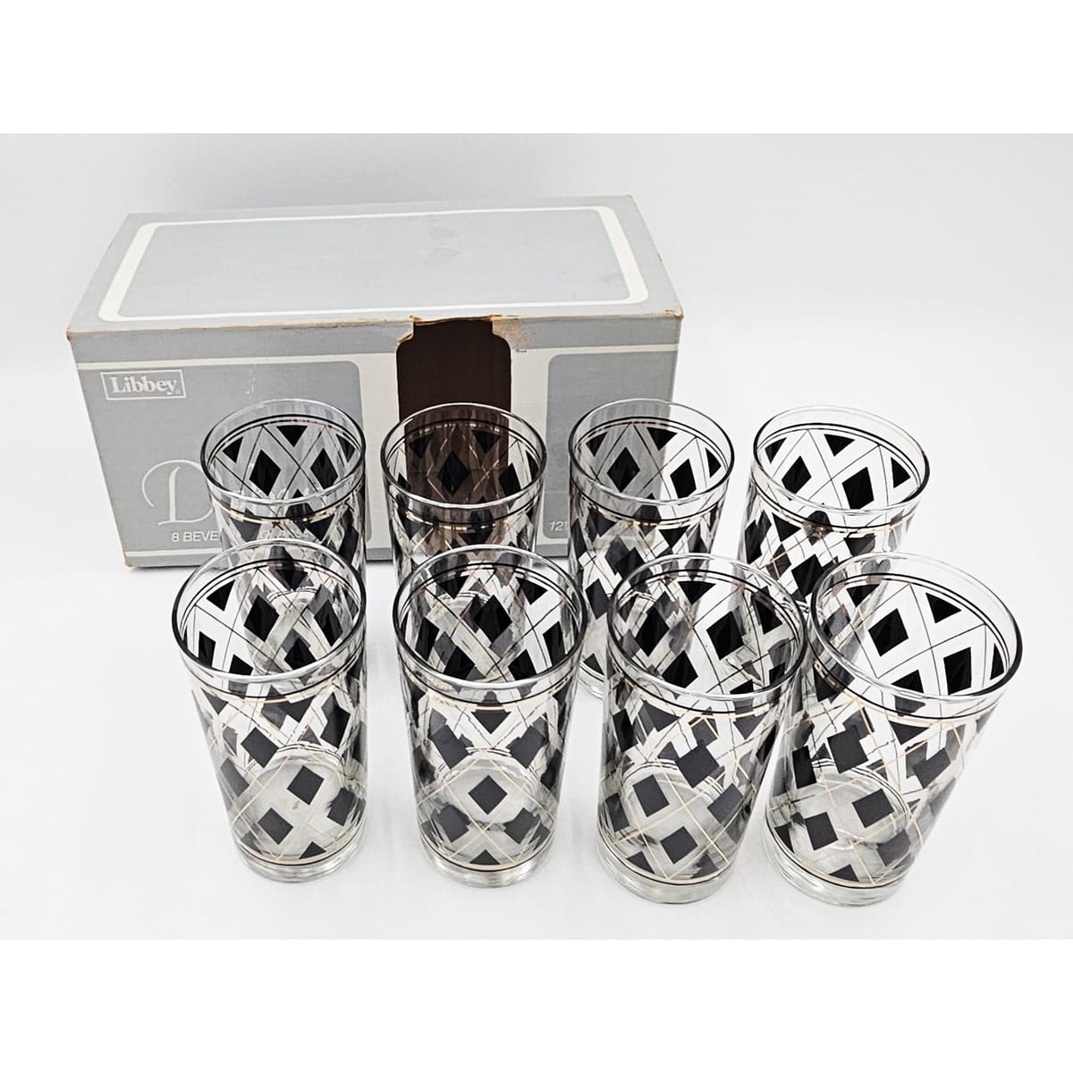 Cera Barware NOS Libbey Black Gold Argyle Glasses w/ Nima Oberoi Lunares Shaker Tray Set
