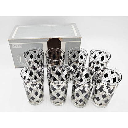 Cera Barware NOS Libbey Black Gold Argyle Glasses w/ Nima Oberoi Lunares Shaker Tray Set