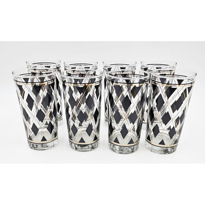 Cera Barware NOS Libbey Black Gold Argyle Glasses w/ Nima Oberoi Lunares Shaker Tray Set