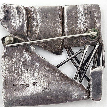 CK Sterling Jewelry Superb MCM Artisan Signed Sterling Silver Abstract Modernist Brutalist Brooch
