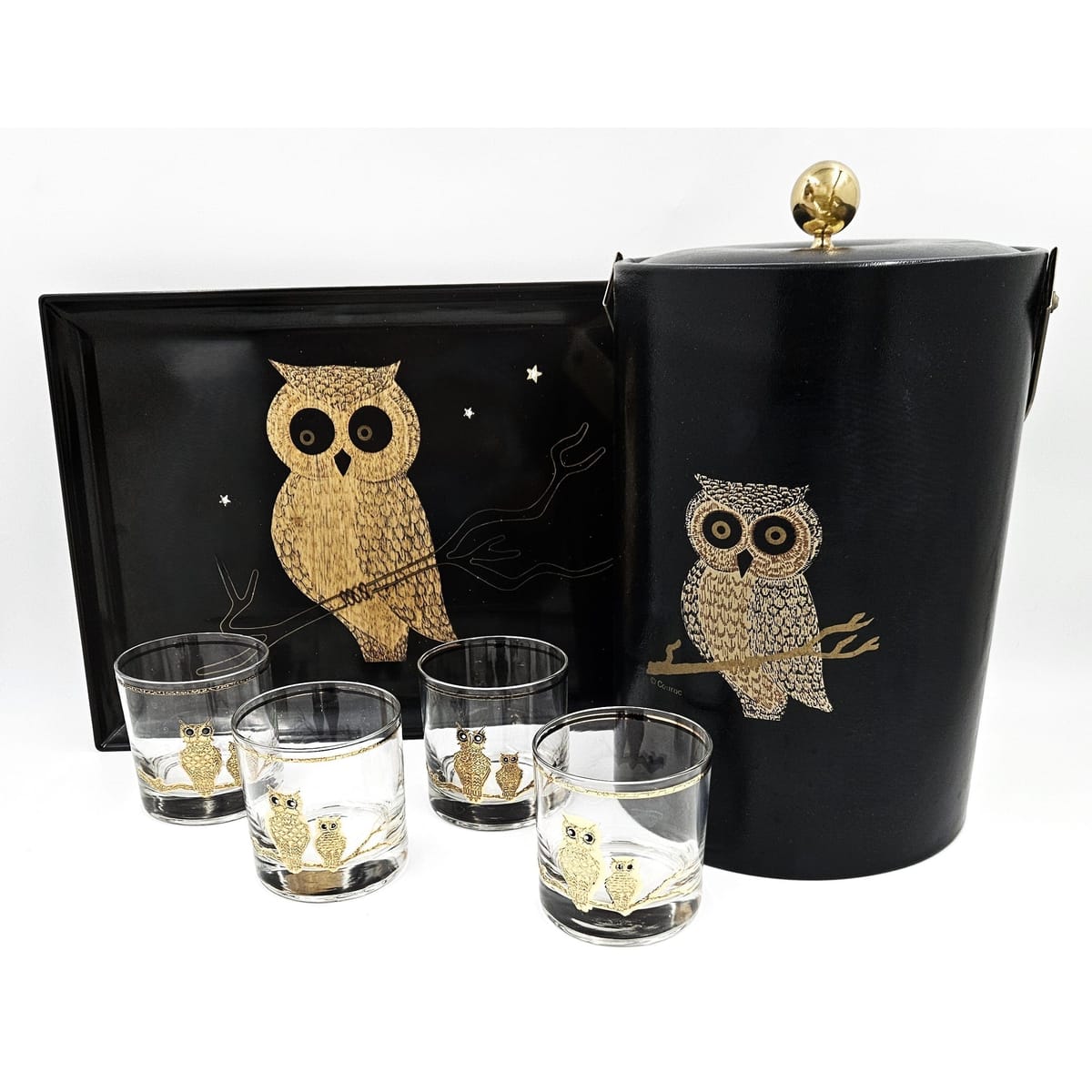 Couroc Serveware Couroc California Melamine Owl Glassware Ice Bucket Serving Tray Set 1960s