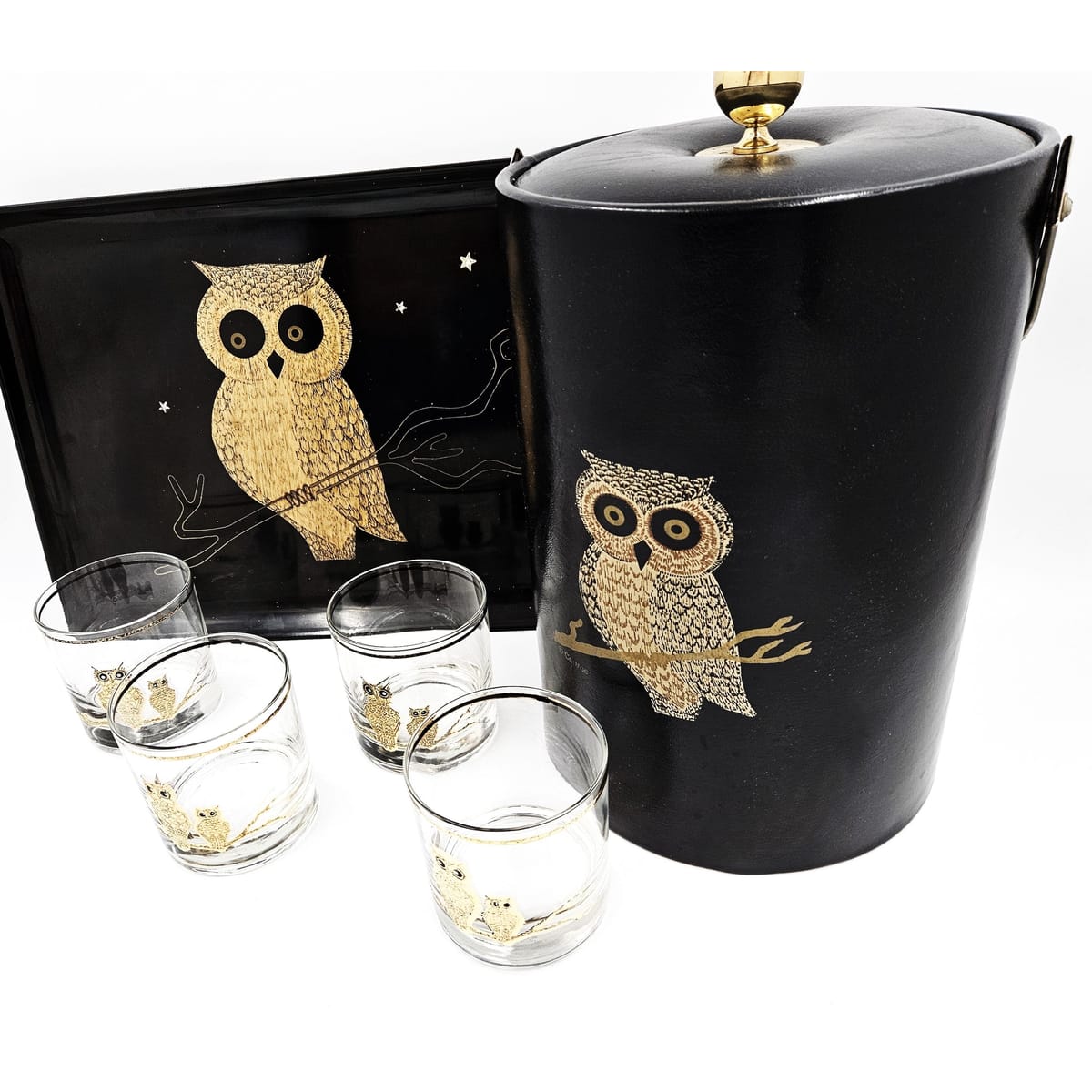 Couroc Serveware Couroc California Melamine Owl Glassware Ice Bucket Serving Tray Set 1960s