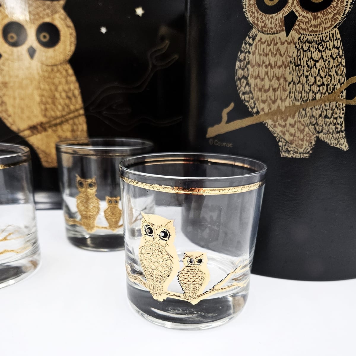 Couroc Serveware Couroc California Melamine Owl Glassware Ice Bucket Serving Tray Set 1960s