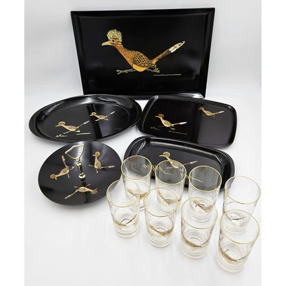 Couroc Serveware MCM Couroc Melamine Roadrunner Serving Trays &amp; Glassware Huge Set 1966
