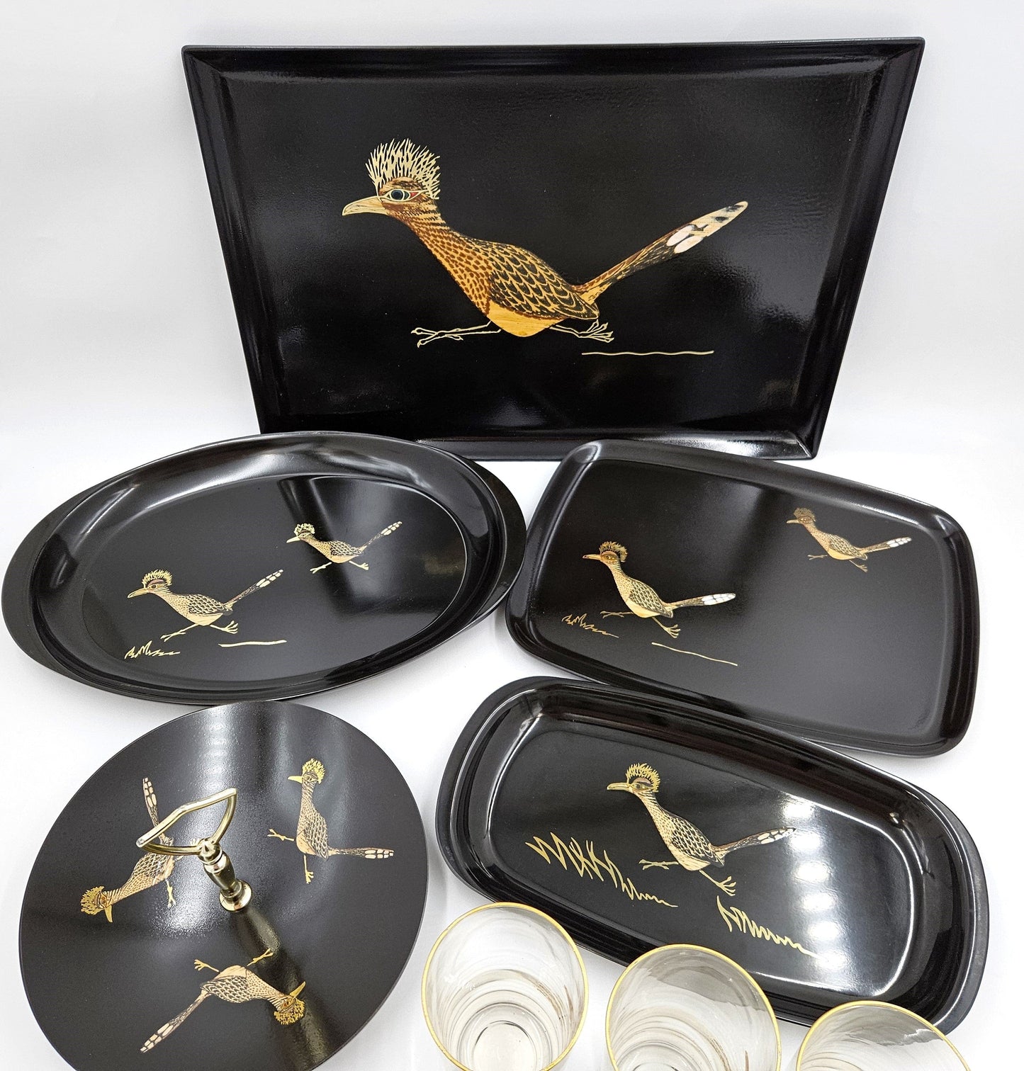 Couroc Serveware MCM Couroc Melamine Roadrunner Serving Trays & Glassware Huge Set 1966