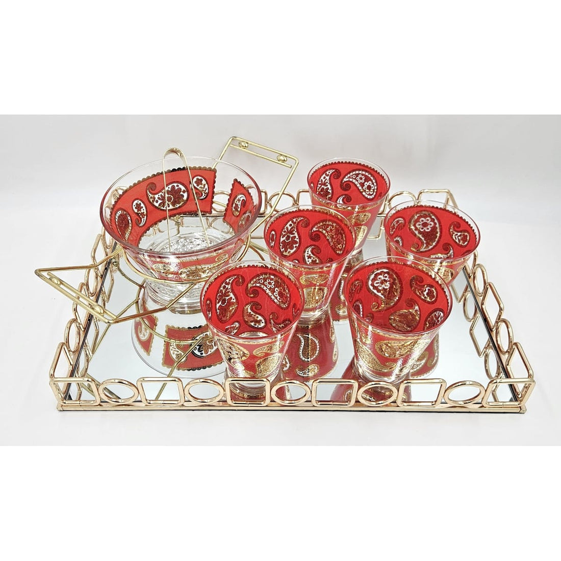 Culver Serveware Culver Red Paisley 22k Gold Glasses Ice Bucket Caddy Tray Set 1960s