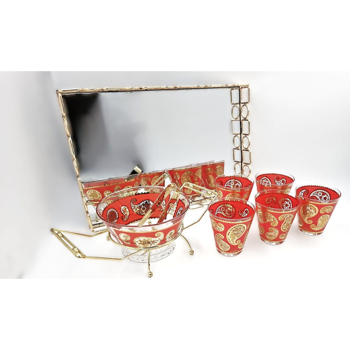 Culver Serveware Culver Red Paisley 22k Gold Glasses Ice Bucket Caddy Tray Set 1960s