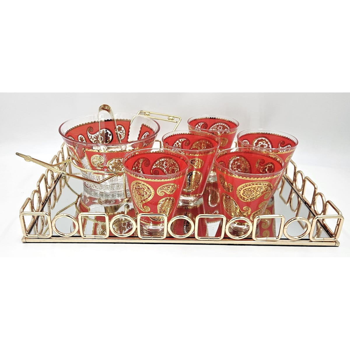 Culver Serveware Culver Red Paisley 22k Gold Glasses Ice Bucket Caddy Tray Set 1960s