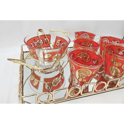 Culver Serveware Culver Red Paisley 22k Gold Glasses Ice Bucket Caddy Tray Set 1960s