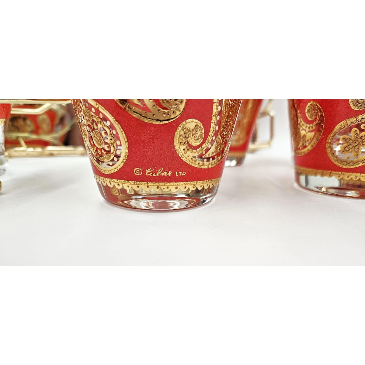 Culver Serveware Culver Red Paisley 22k Gold Glasses Ice Bucket Caddy Tray Set 1960s