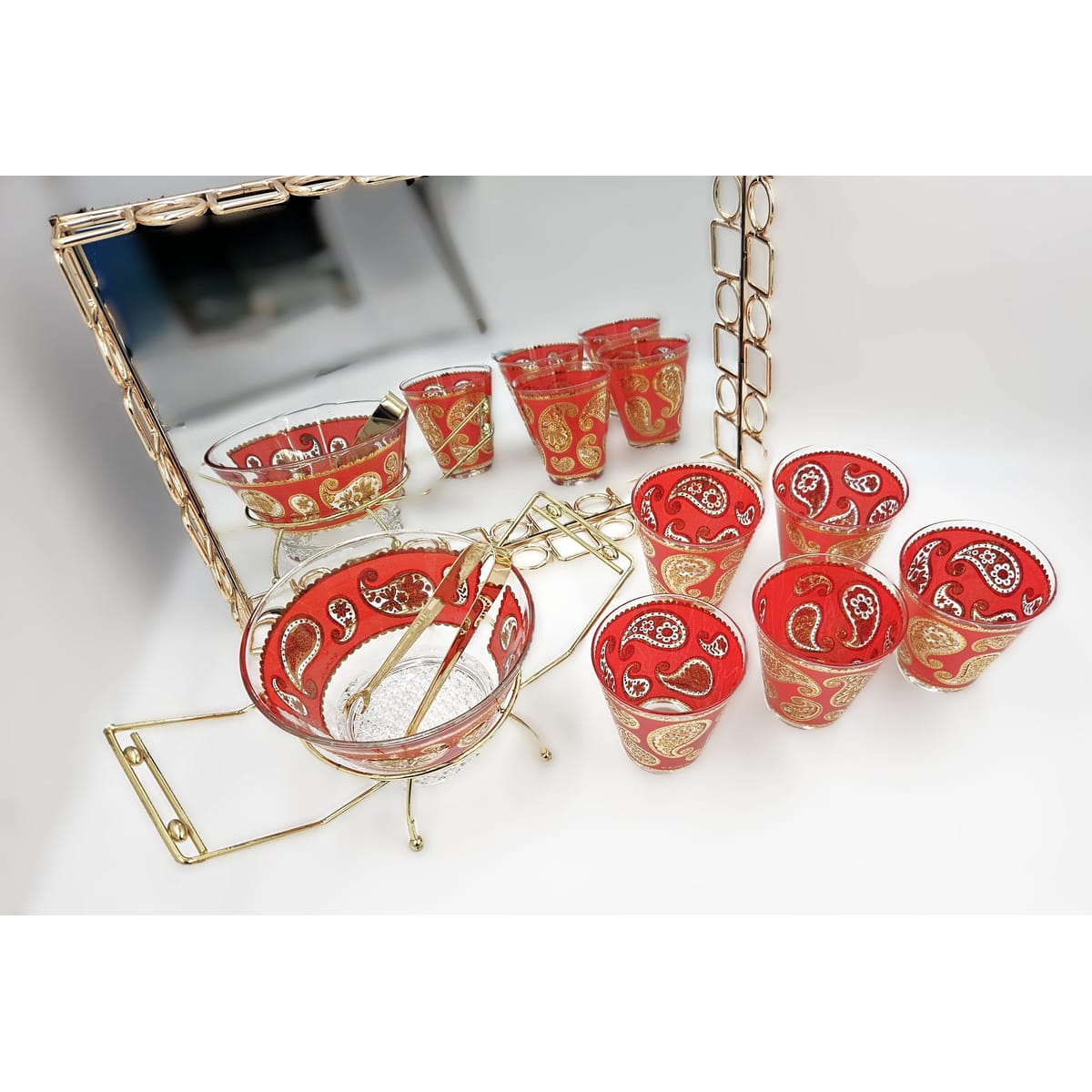 Culver Serveware Culver Red Paisley 22k Gold Glasses Ice Bucket Caddy Tray Set 1960s