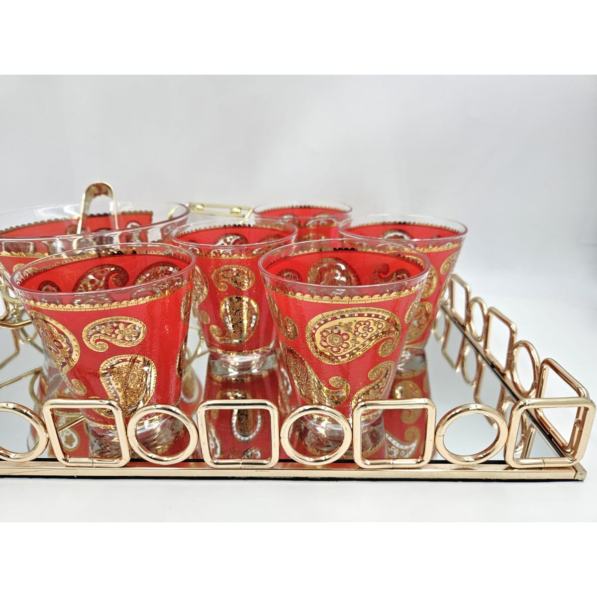 Culver Serveware Culver Red Paisley 22k Gold Glasses Ice Bucket Caddy Tray Set 1960s