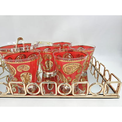 Culver Serveware Culver Red Paisley 22k Gold Glasses Ice Bucket Caddy Tray Set 1960s