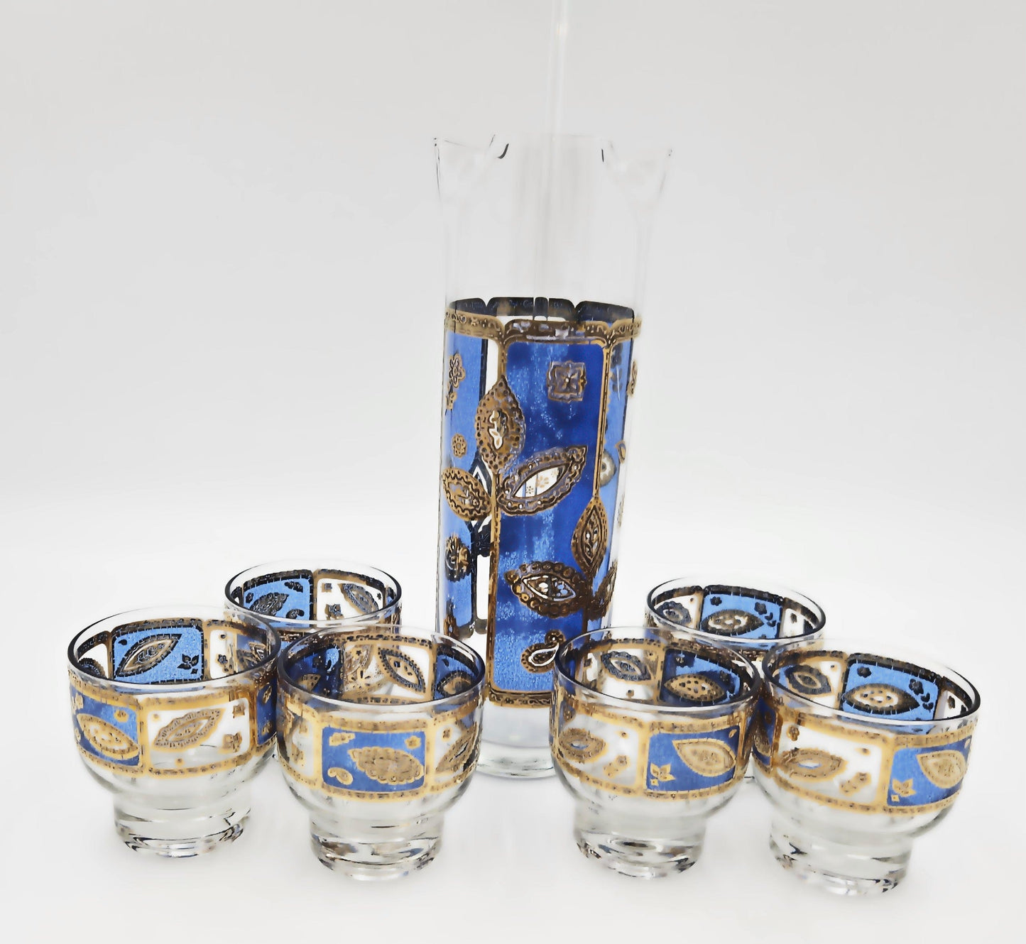 Culver Serveware Culver Royal Blue 22K Gold Floral Paisley Barware Set